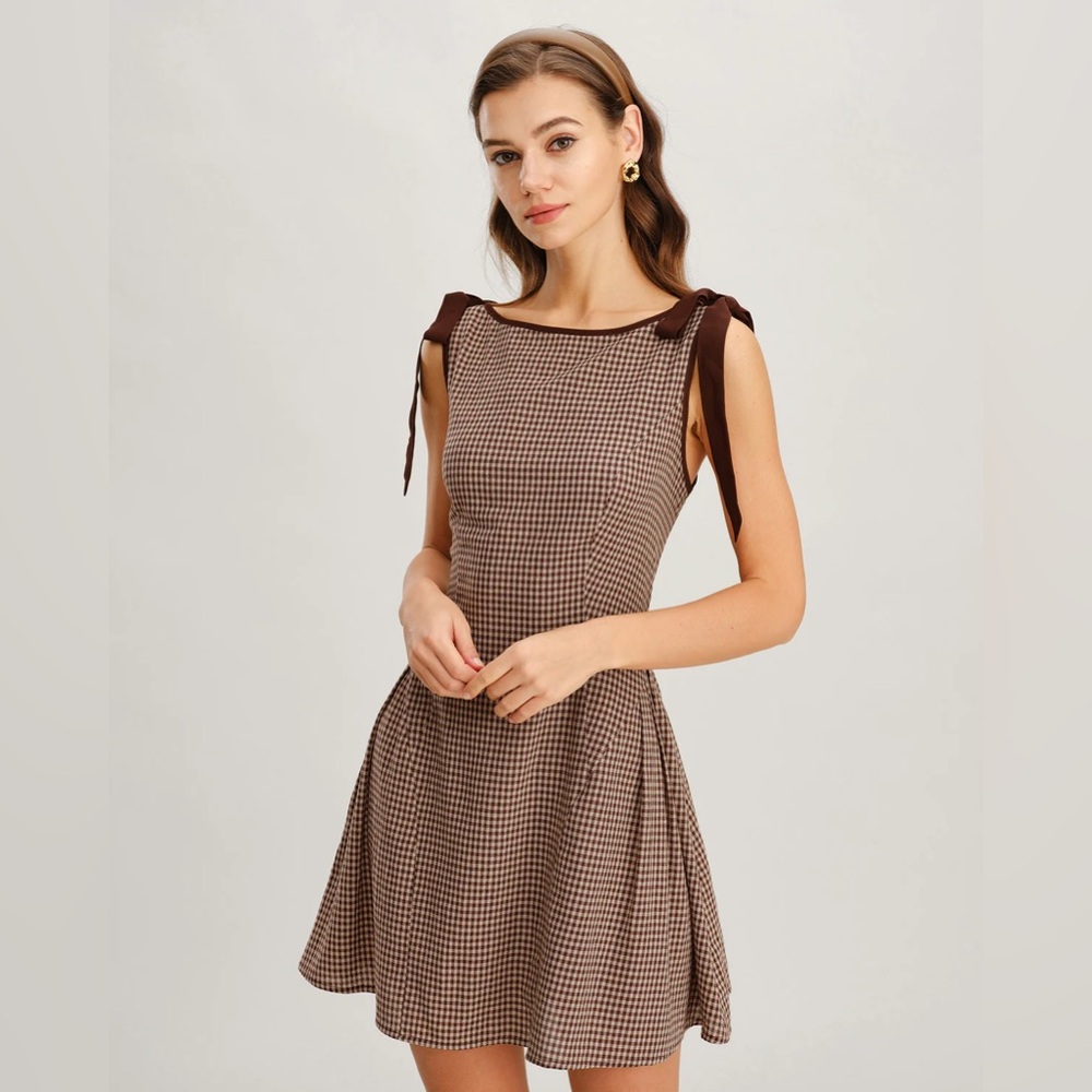 Brown Gingham Tie Strap Mini Dress